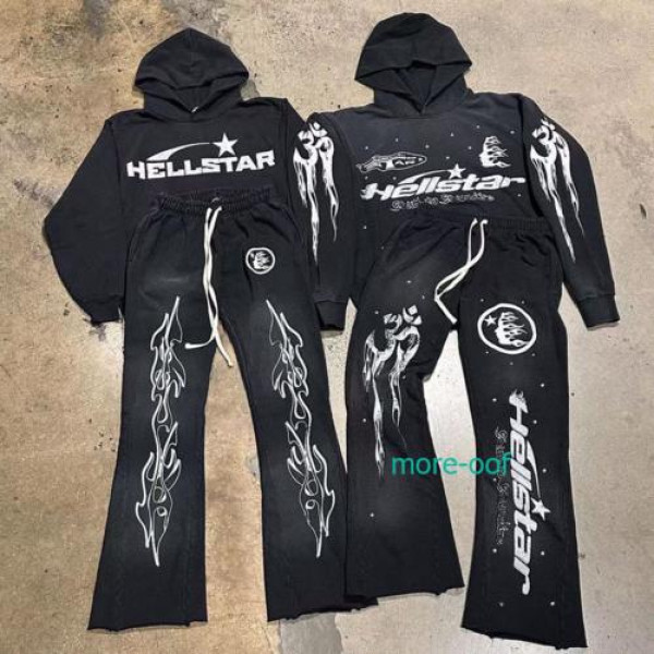 Hellstar Flare Black Hoodie Pants Print Hooded Pullover Hip Hop Tops Sweatpants