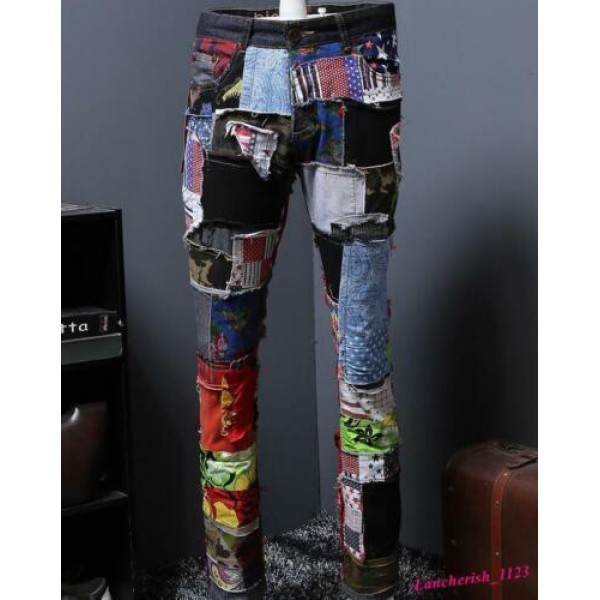 Patchwork Men's Denim Pants Stitching Trouser Patch Jeans Slim Fit Occident Chic