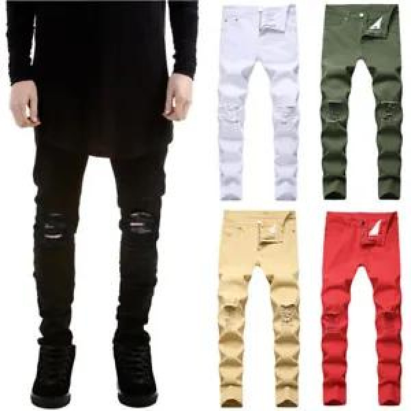 Mens Stretch Ripped Denim Jeans Skinny Slim Fit Biker Distressed Pants Trousers