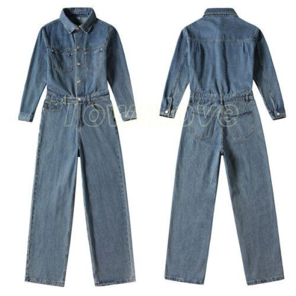 Men Retro Denim Jumpsuit Casual Jeans Overalls Dungarees Straight Trouser Cowboy