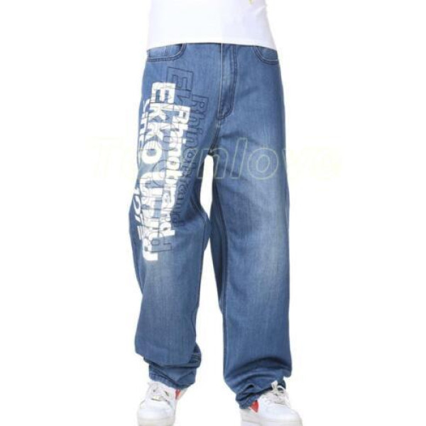 Men's Loose Fit Denim Straight Leg Letter Printed Long Jeans Trousers Pants Punk