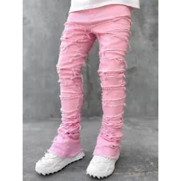 Mens Stacked Jeans Ripped Slim Fit Jeans Destroyed Straight Skinny Denim Pants