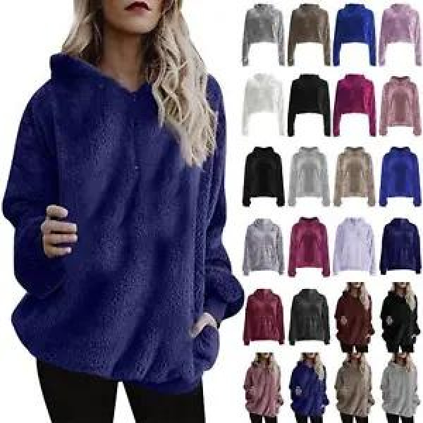 Womens Half Zip Side Pockets Fleece Hoodie Teddy Bear Fluffy Coat Sweat Outwear