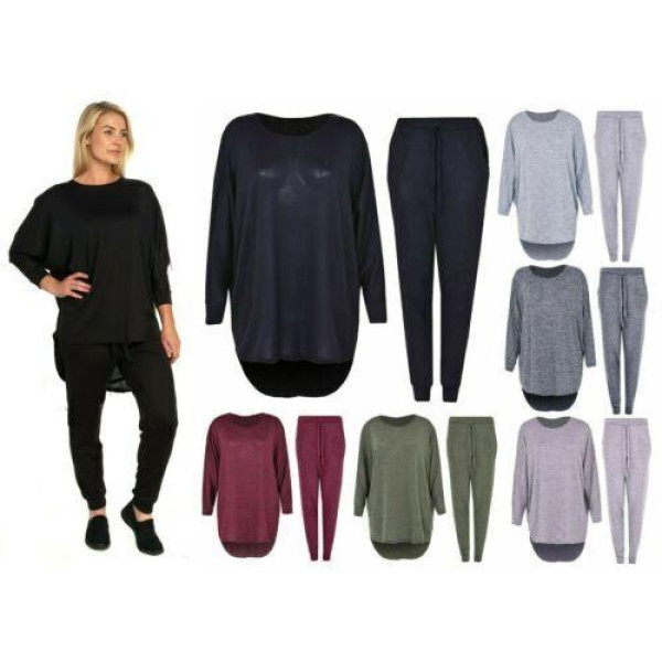 Womens 2 Piece Tracksuit High Low Top Bottoms Ladies Lounge Wear Sweatshirt Set.