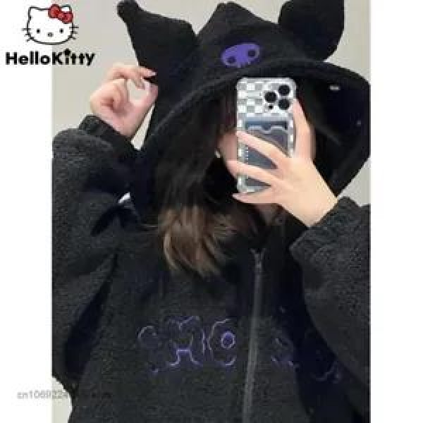 Kuromi Sweater Embroidery Hooded Fleece Winter Coat Hoodie fleeces warm girl