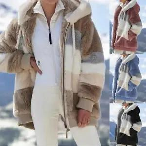 Women Fleece Faux Fur Jacket Plush Coat Hooded Outwear Winter Warm Zipper Pocket