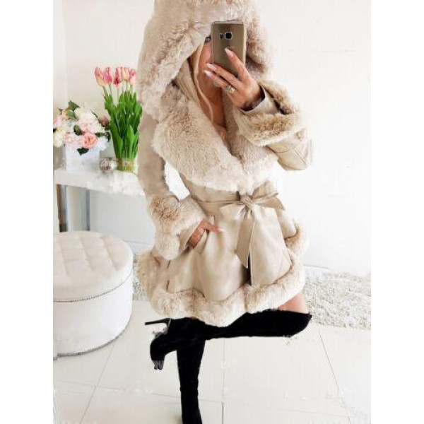 Womens Faux Fur Coat Hoodie Parka Belt Slim Winter Warm Ladies Outwear Coat