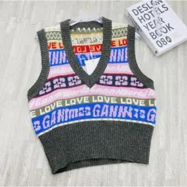 Womens Ganni color matching V-neck wool blend knitted sleeveless Sweater vest
