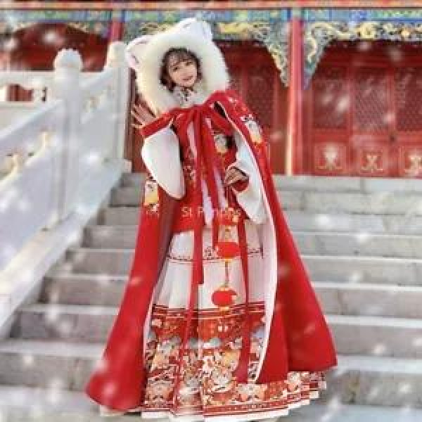 Cloak Hanfu Women Long Style with Velvet and Thick Warm Coat Chinese Hooded Cape