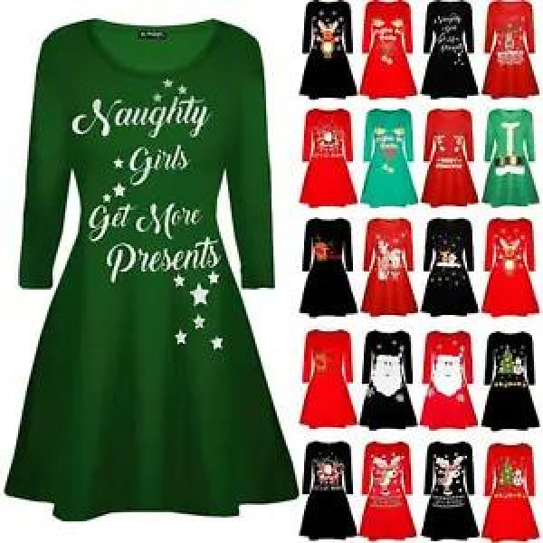 Womens Ladies Long Sleeve Christmas Santa Face Snowflake Swing Smock Mini Dress