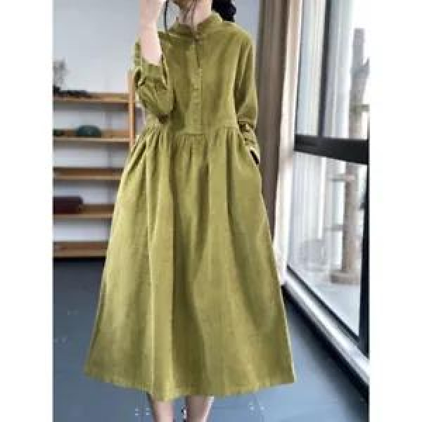 Vintage Women Corduroy Shirt Dress with Pockets Loose Casual Solid Long Sleeves