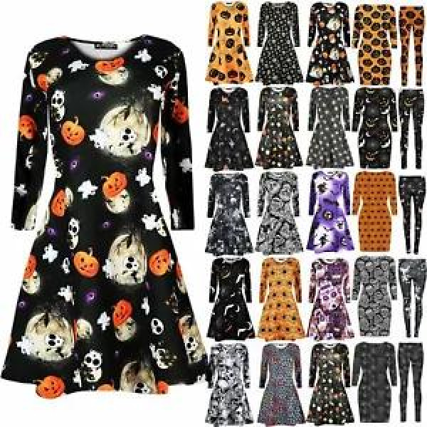 Womens Halloween Skull Fancy Costume Long Sleeve Ladies Scary Flared Swing Dress
