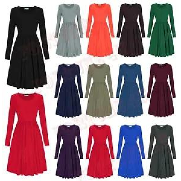 New Women Ladies Frankie Swing Dress Flared Skater Jersey Long Sleeve Midi Plus.