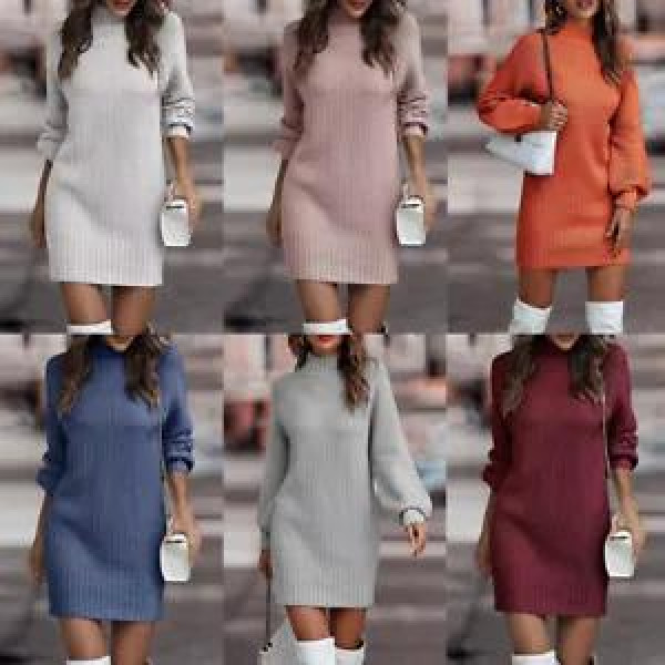 Womens Dress Ladies Baggy Jumper Long Sleeve Cowl Neck Chunky Knitted Mini Top