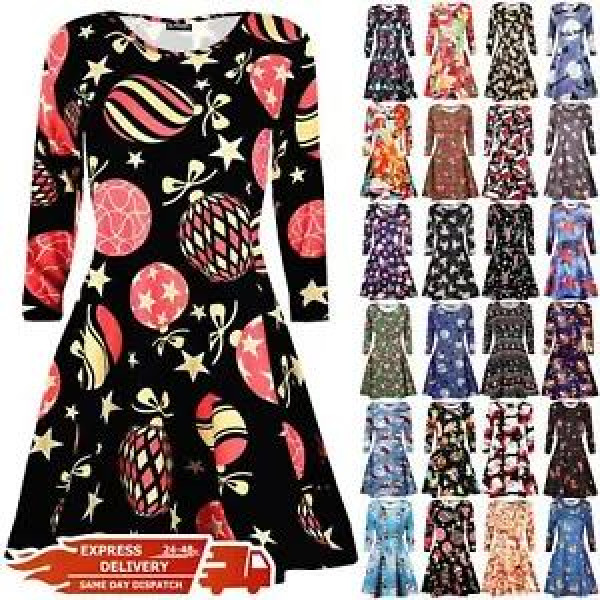 Womens Ladies Christmas Xmas Santa Snowman Star Penguin Flared Swing Mini Dress