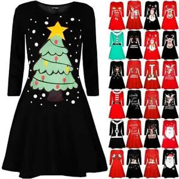 Womens Christmas Ladies Santa Elf Reindeer Snowflake Flared Skater Swing Dress